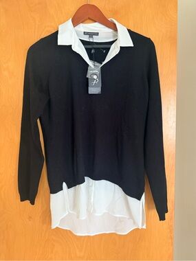 Adrianna Papell Black Top with Cream Faux-Layer Collar